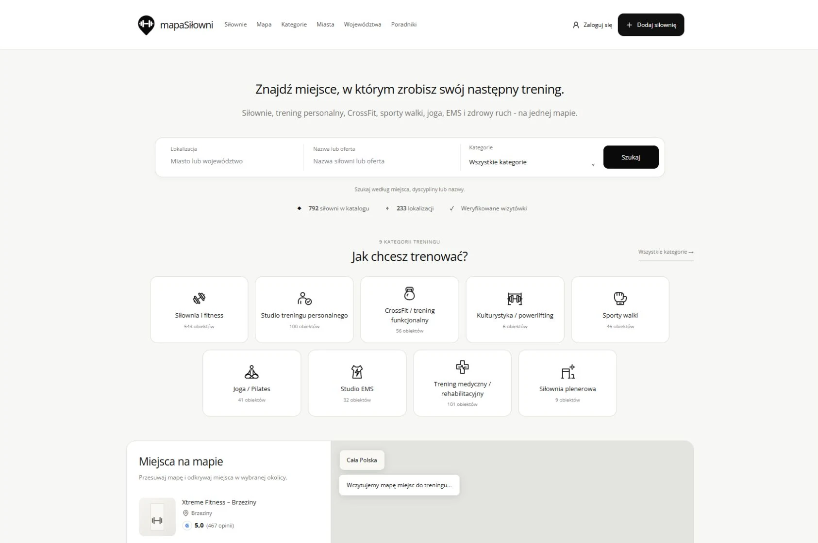 Zrzut strony głównej mapasilowni.pl