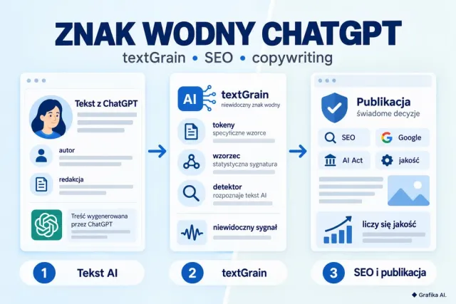 Infografika przedstawiająca textGrain, niewidoczny sygnał w tekście z ChatGPT i ocenę jakości publikacji.