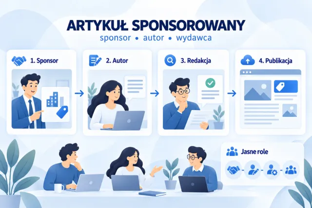 Infografika rozdziela role sponsora, autora i redakcji w publikacji artykułu sponsorowanego.