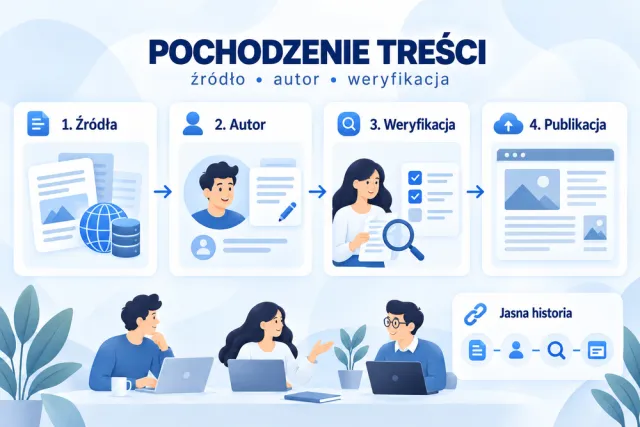 Infografika przedstawia łańcuch pochodzenia treści: źr&oacute;dła, autora, weryfikację człowieka i publikację artykułu.