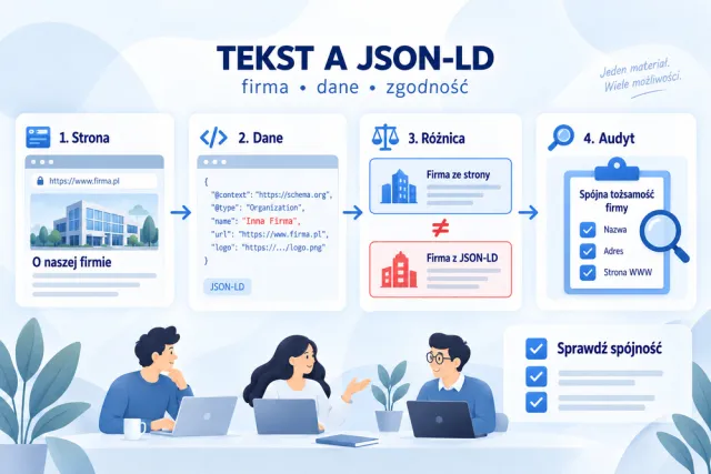 Infografika por&oacute;wnuje nazwę firmy w treści strony z danymi Organization w JSON-LD i pokazuje kontrolę rozbieżności.