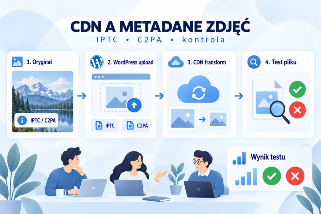 Infografika śledzi zdjęcie od oryginału przez WordPress i CDN do testu zachowania metadanych IPTC i C2PA.