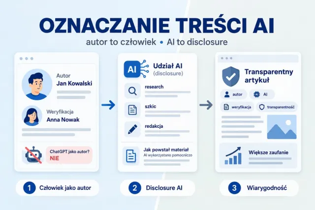 Schemat oznaczania udziału AI w artykule z zachowaniem autora i osoby weryfikującej treść.