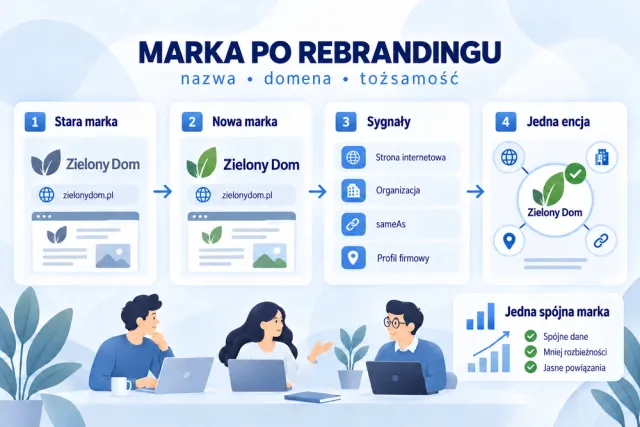 Infografika przedstawia starą i nową wersję marki oraz porządkuje sygnały strony, organizacji, sameAs i profilu firmowego w jedną encję.
