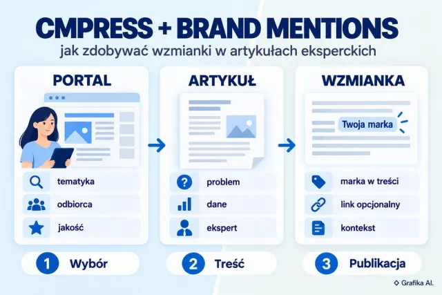 Schemat pozyskiwania wzmianek o marce: wyb&oacute;r portalu, publikacja artykułu eksperckiego i marka wymieniona w treści.