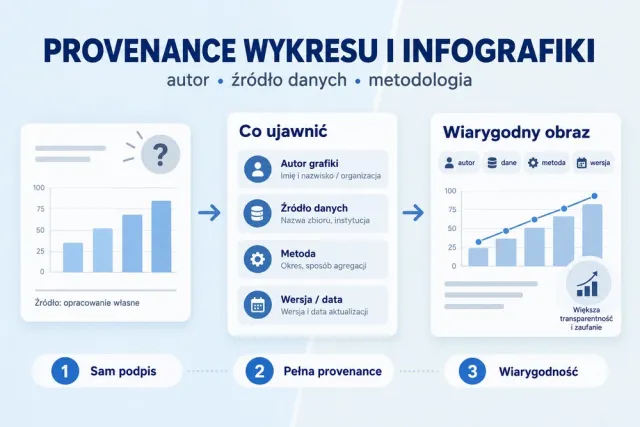 Infografika pokazująca elementy pochodzenia wykresu: autora, źr&oacute;dło danych, metodę opracowania i wersję z datą.
