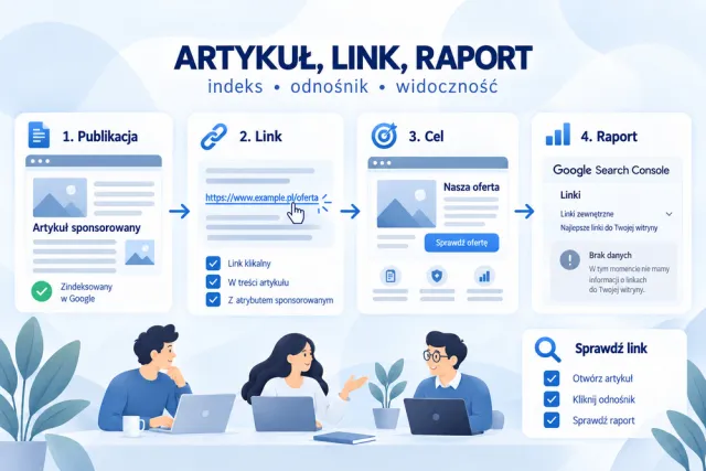 Infografika rozdziela indeksację artykułu, obecność odnośnika, stronę docelową i raport Linki w Google Search Console.