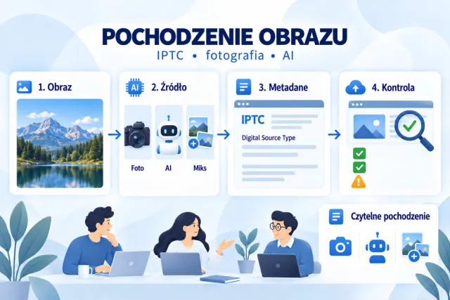 Infografika pokazuje fotografię, obraz wygenerowany przez AI i obraz mieszany oraz kontrolę metadanych IPTC Digital Source Type.