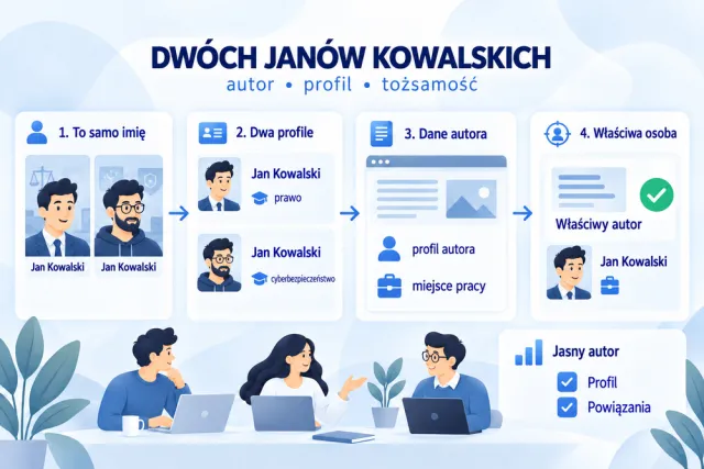 Infografika przedstawia dw&oacute;ch ekspert&oacute;w o imieniu Jan Kowalski i rozr&oacute;żnia ich profile, dziedziny oraz przypisanie autora do artykułu.