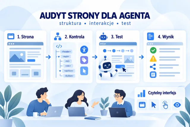 Infografika pokazuje etapy audytu strony dla agenta AI: strukturę, kontrolę element&oacute;w, test nawigacji i wynik.