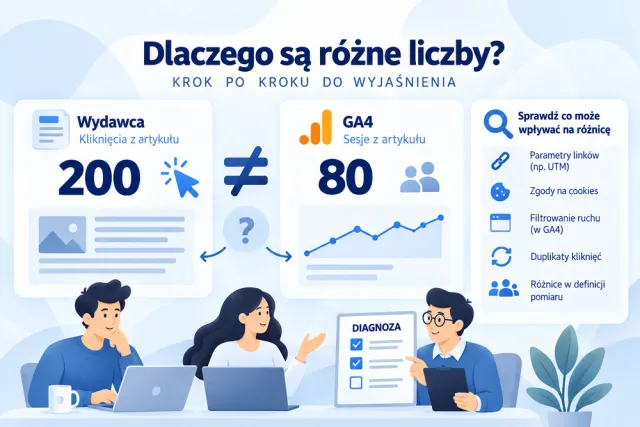 Infografika por&oacute;wnuje 200 kliknięć w link z artykułu u wydawcy z 80 sesjami w GA4 oraz pokazuje czynniki mogące wyjaśniać r&oacute;żnicę.