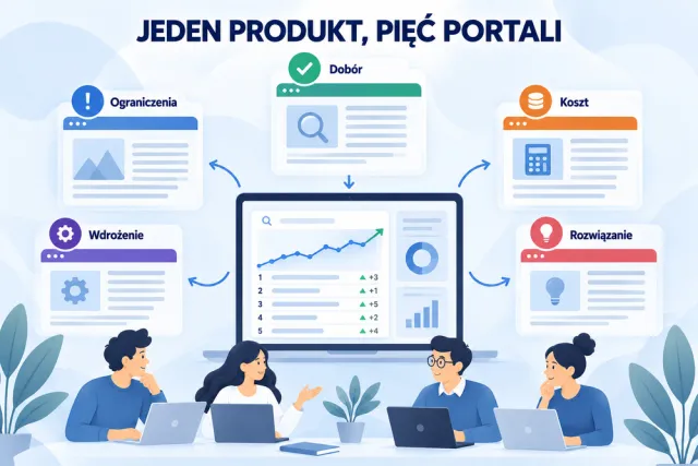 Infografika pokazuje system monitorowania SEO oraz pięć odrębnych temat&oacute;w artykuł&oacute;w: dob&oacute;r, ograniczenia, koszt, wdrożenie i rozwiązanie problemu.