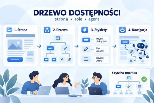 Infografika prowadzi od strony internetowej przez drzewo dostępności i etykiety element&oacute;w do nawigacji agenta AI.