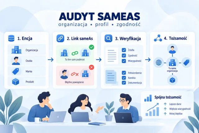Infografika pokazuje audyt powiązań sameAs między organizacją, osobą, marką i produktem oraz odr&oacute;żnia poprawne i błędne linki.
