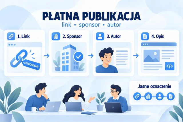 Infografika łączy oznaczenie linku sponsorowanego z informacjami o sponsorze, autorze i płatnej publikacji.