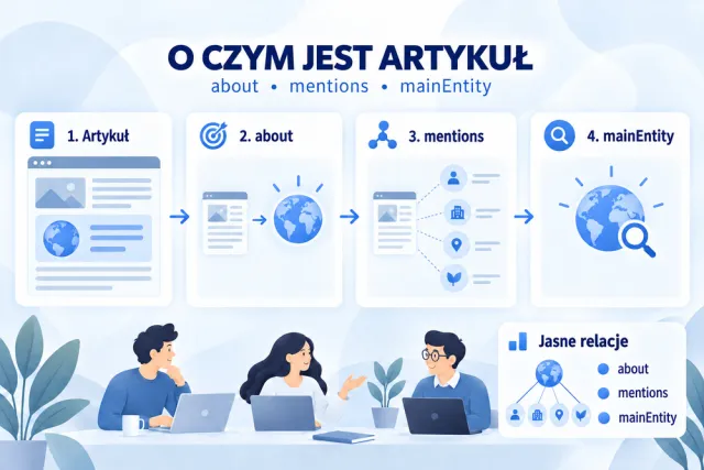Infografika rozr&oacute;żnia about, mentions i mainEntity: gł&oacute;wny temat artykułu, wzmiankowane byty oraz najważniejszą opisywaną encję.