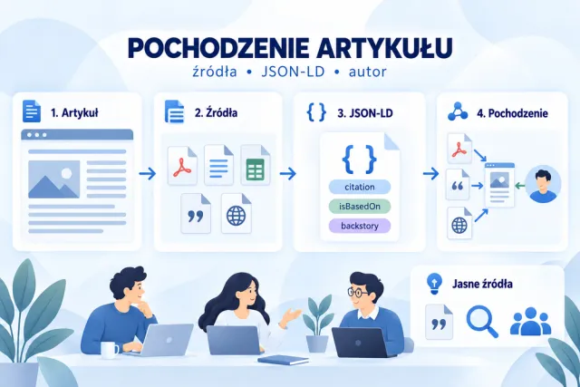 Infografika łączy artykuł, źr&oacute;dła, autora i relacje citation, isBasedOn oraz backstory w schemacie JSON-LD.