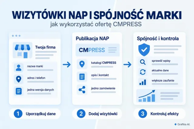 Schemat publikacji wizyt&oacute;wki NAP w CMPRESS: dane firmy, publikacja w katalogach i kontrola sp&oacute;jności informacji.