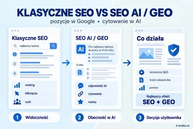Por&oacute;wnanie klasycznego SEO i SEO AI/GEO oraz ich wsp&oacute;lnego wpływu na widoczność strony.